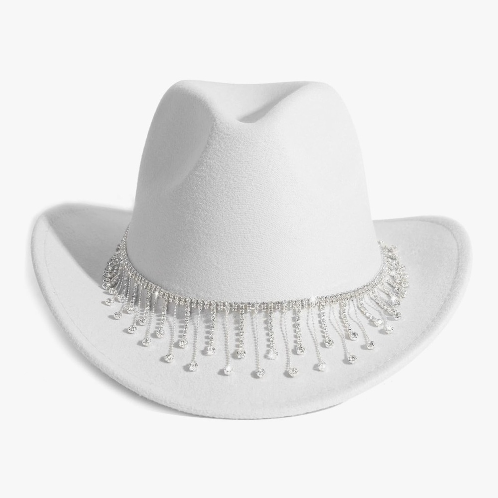 Amazon White and Silver Cowboy Hat with Fringe
